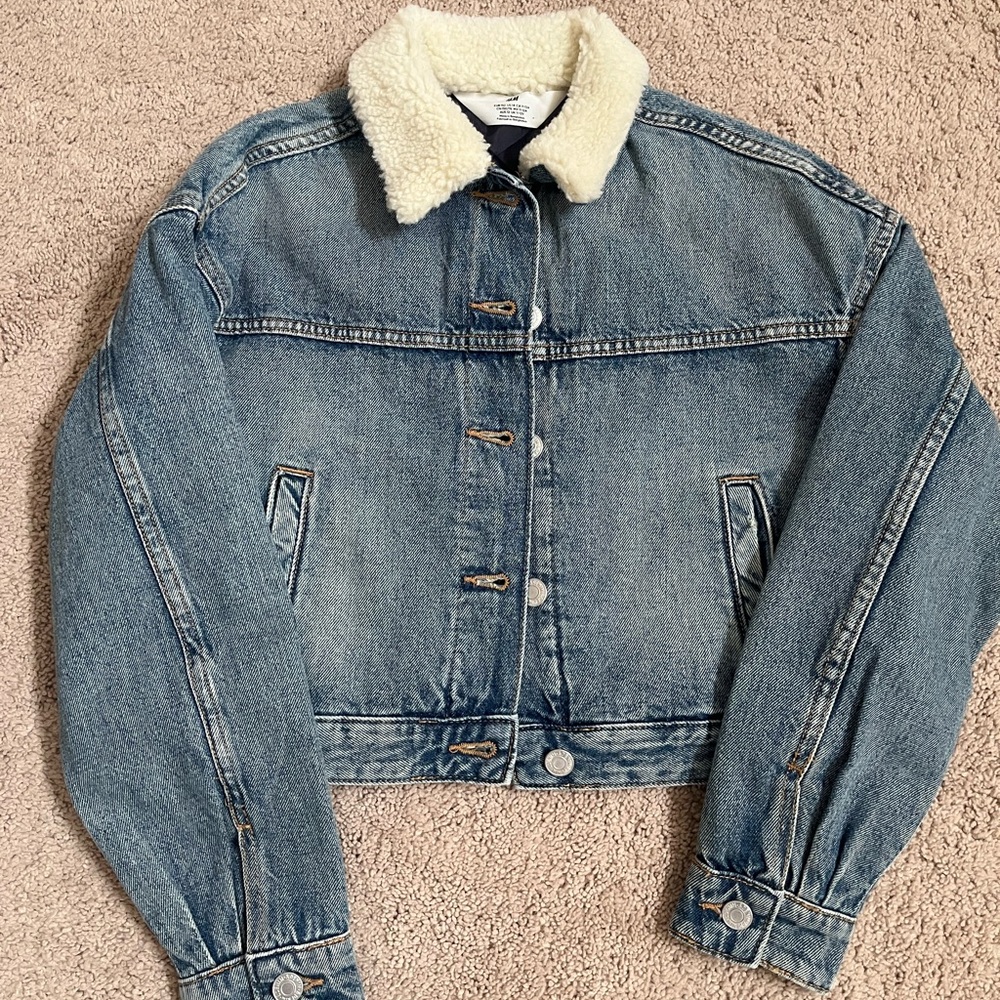H&M Blue Denim Jacket with White Sherpa Collar